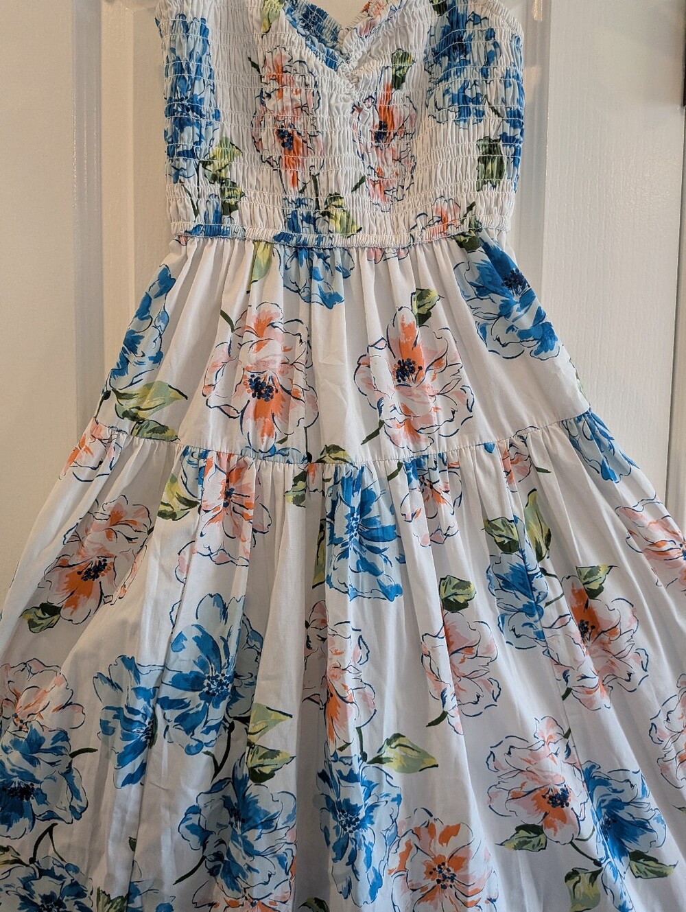 Abercrombie & Fitch Ruffle Strap Smocked Midi Dress Floral Poplin White Size XS - Picture 5 of 15
